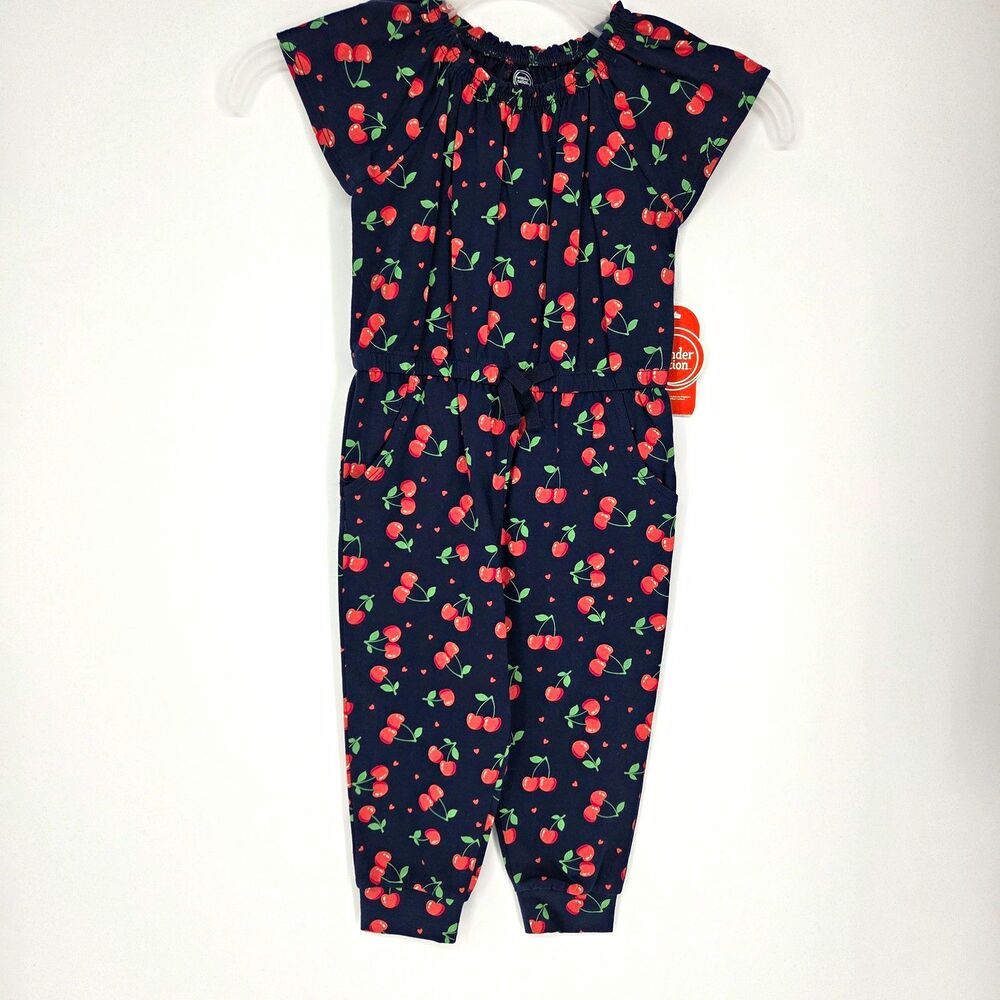 Wonder Nation Girls 2T Navy Cotton Cherry Print Jumpsuit Cap Sleeve Pockets